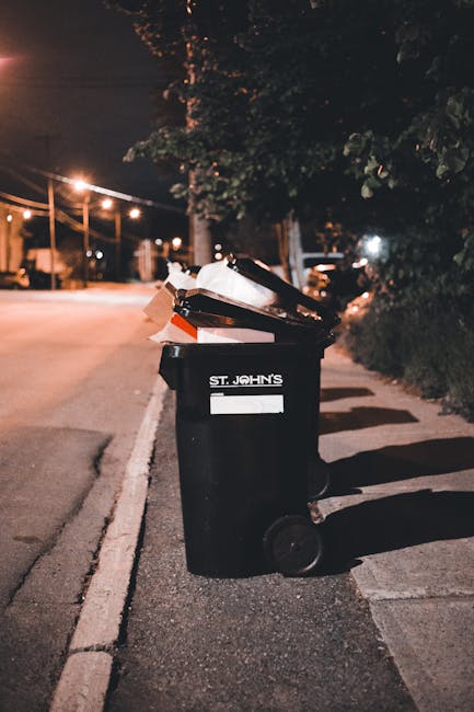 A black wheeled rubbish bin with the name 'ST. JOHN'S' printed on the front, positioned on a quiet suburban street at night. The bin contains various discarded items, including flattened cardboard and